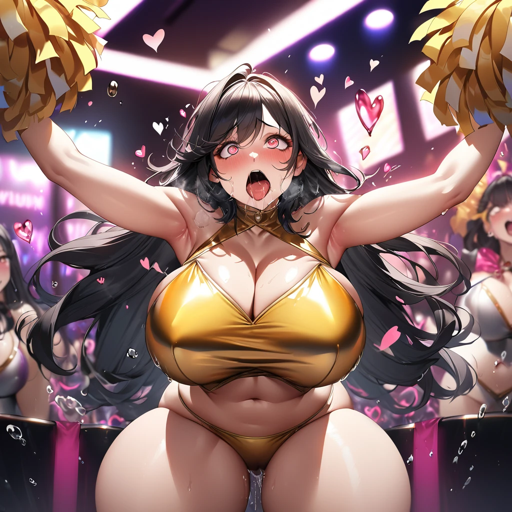 1woman,hyperrealistic,mature woman,insane eyes,flying heart-shapes,shaking effect,black hair,open mouth,saliva,shouting bubbles,(curvy body:1.2),gold cheerleading costume,at vulgar nightclub,