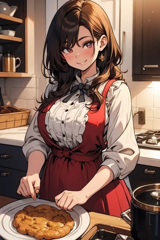 Perfect face. Perfect hands. A brown haired woman with copper eyes and an hourglass figure in a Lolita dress is baking cookies in a fancy kitchen with a big smile