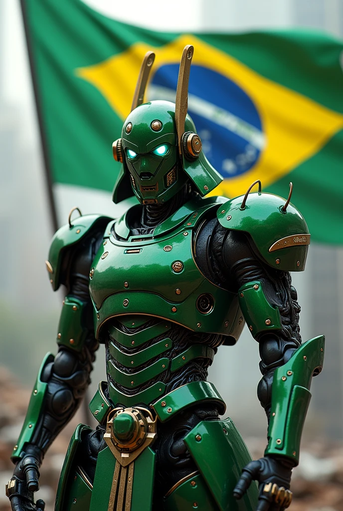 naughty man, Robot, with iron helmet, cybernetic technology, green samurai, Brazilian Hero, with yellow details, holding brazilian flag