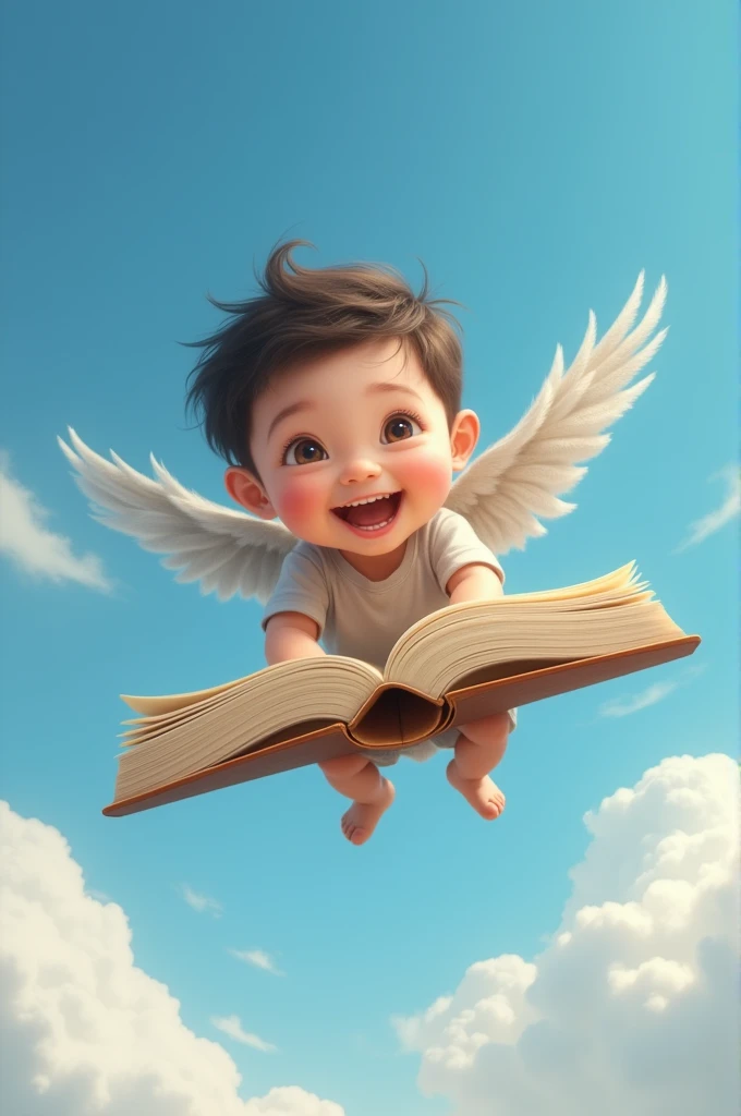 A flying on a book, sitting on it happily, and I'd like them to have the face from the following photo.