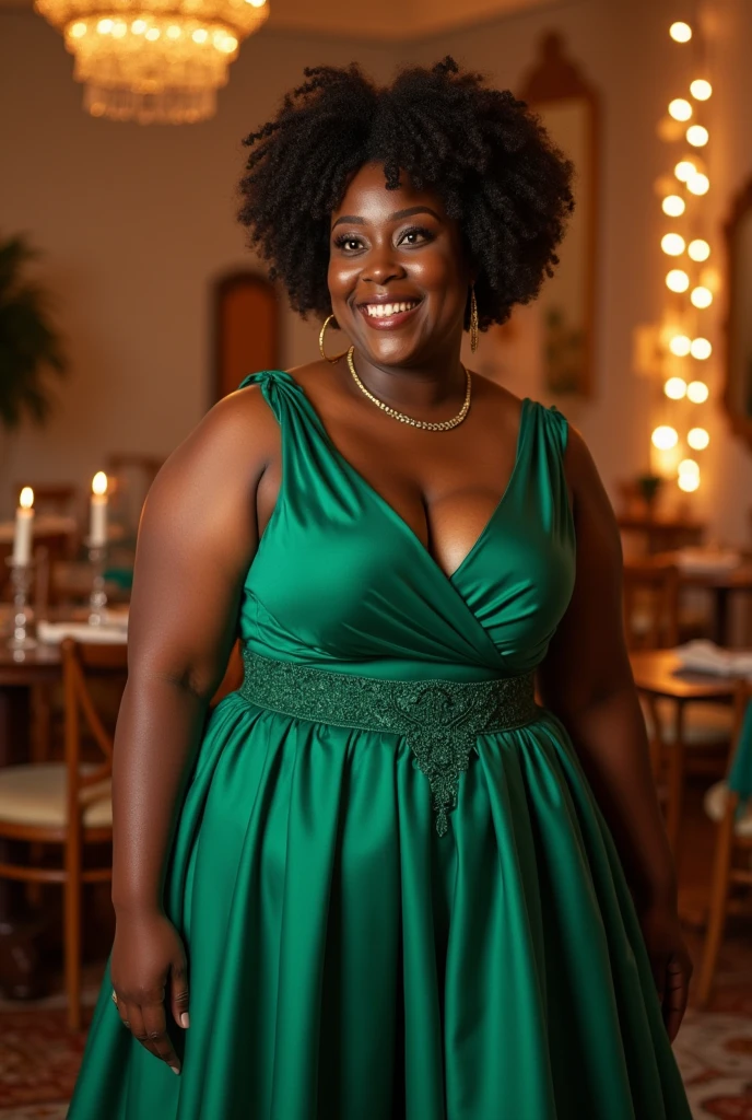 fait moi l'image d'une femme ronde noire portant une robe de soirée verte 4xl verte avec des passion twist sur la tête (longeur 32) ... dans une salle de fête propose des accessoire sur elle