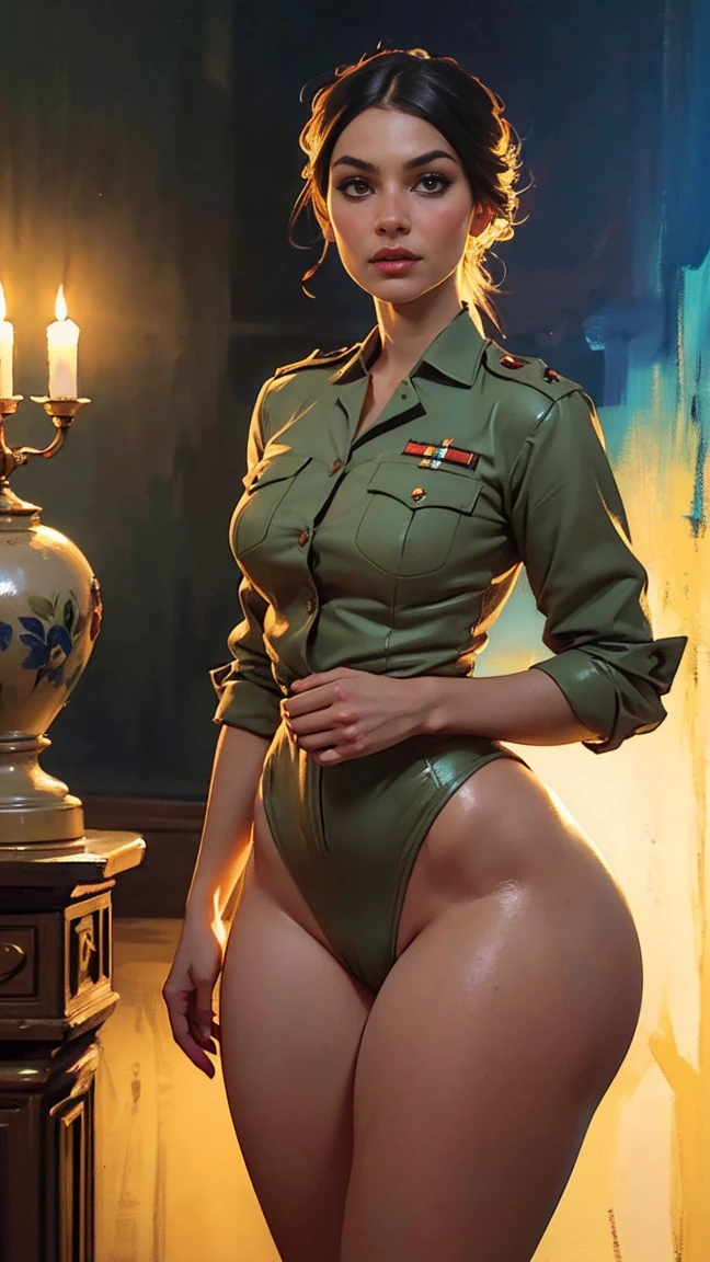 (aoc:1.1), braga, of military, curved, Broad Hips, thick-thighs, oil painting, por Sargent, (best qualityer,4K,8k,high resolution,work of art:1.2), ultra detali, (realisitic,photorealisitic,photo-realisitic:1.37), portraits, Warm Color Palette, soft lighting.