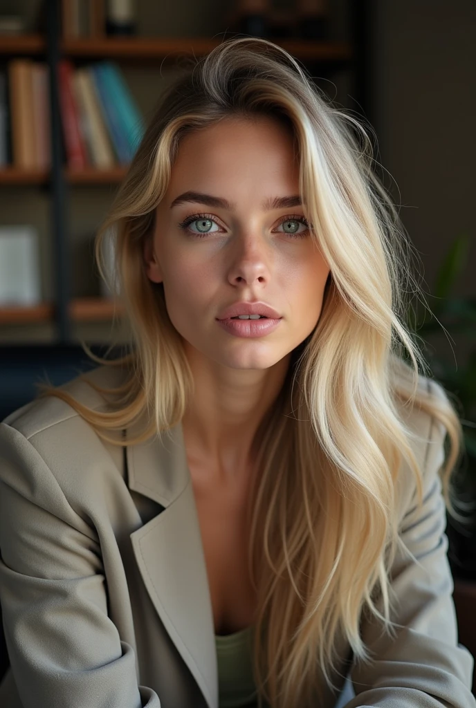 une belle fille aux longs cheveux blonds, suedoise, 25 ans, yeux détaillés bleu, nez, et les lèvres, porter une tenue decontractée, assise dans son bureau, (Meilleure qualité,4k,8k,haute résolution,chef-d&#39;œuvre:1.2),ultra-détaillé,(Réaliste,photoRéaliste,photo-Réaliste:1.37),HDR,éclairage de studio,visage et corps extrêmement détaillés, portrait,Éclairage cinématographique,Éclairage dramatique,tons de couleurs chaudes