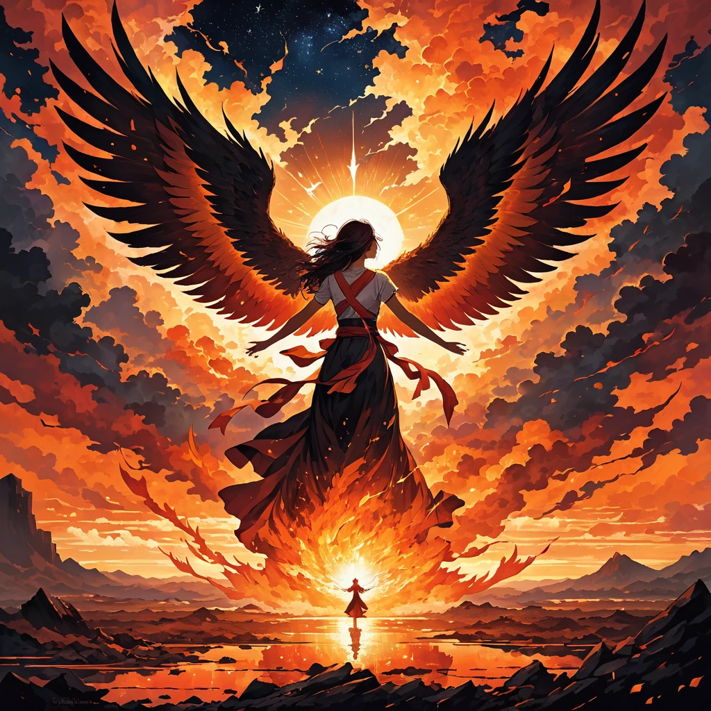An evocative and dramatic scene symbolizing resilience and rebirth. The setting features a dark landscape with a phoenix rising from the ashes, representing renewal and strength. The sky is filled with crimson and orange hues, depicting past struggles and battles. Shadows and echoes are present, yet a powerful light pierces through, signifying hope and triumph. The composition emphasizes rising from broken dreams and finding strength in scars, with stars shining overhead as symbols of trust and guidance. The overall mood conveys a sense of victory and new beginnings
