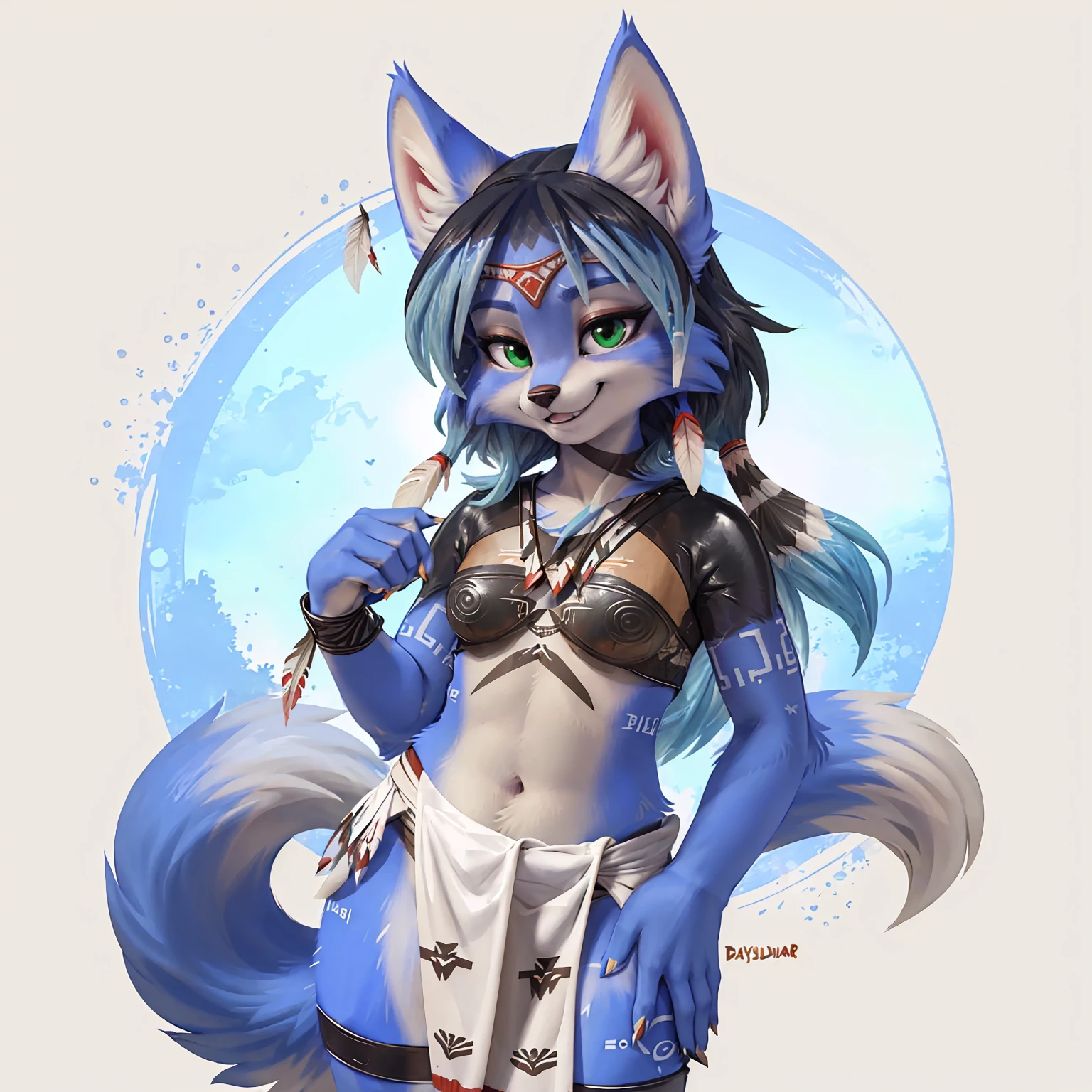 A beautiful and detailed (sweet picture) wa ((krystal)), Star Fox Krystal, sslim, lovable, green eyes, medium breasts, (((Long blue hair 1.3))),  ((Tips for black hair)), Decollete, grin, look up,, anthro, furry, Uploaded E621, detailed fluffy fur, (wa Fluff-Kevlar, Bayard Wu, personalize me, Pino Daeni), detailed face, (fluffy), 1 girl, alone, (((Tribal clothing:1.3))), ((leather breastplate)), sweet girl, alone,
