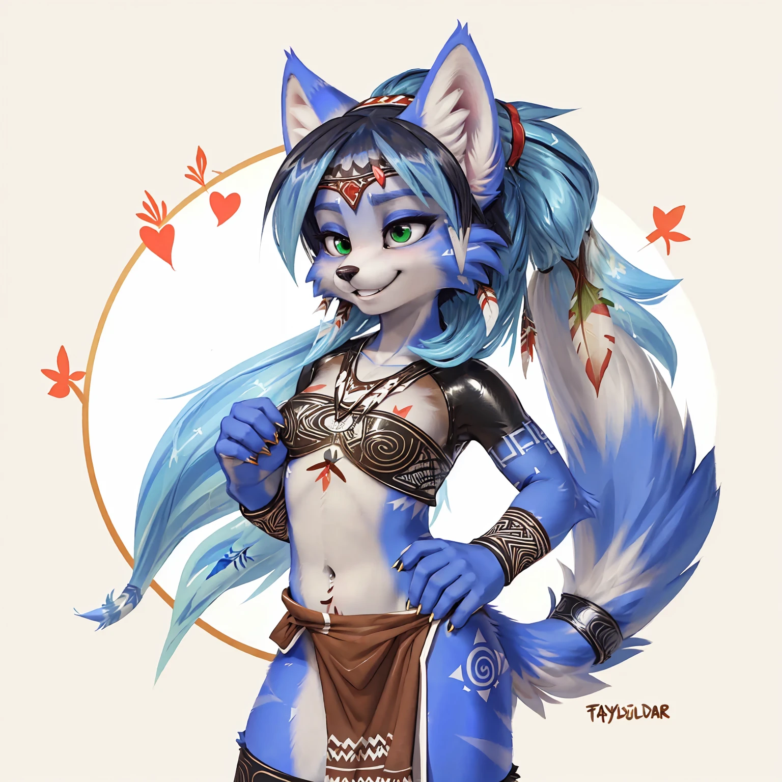 A beautiful and detailed (sweet picture) wa ((krystal)), Star Fox Krystal, sslim, lovable, green eyes, medium breasts, (((Long blue hair 1.3))),  ((Tips for black hair)), Decollete, grin, look up,, anthro, furry, Uploaded E621, detailed fluffy fur, (wa Fluff-Kevlar, Bayard Wu, personalize me, Pino Daeni), detailed face, (fluffy), 1 girl, alone, (((Tribal clothing:1.3))), ((leather breastplate)), sweet girl, alone,
