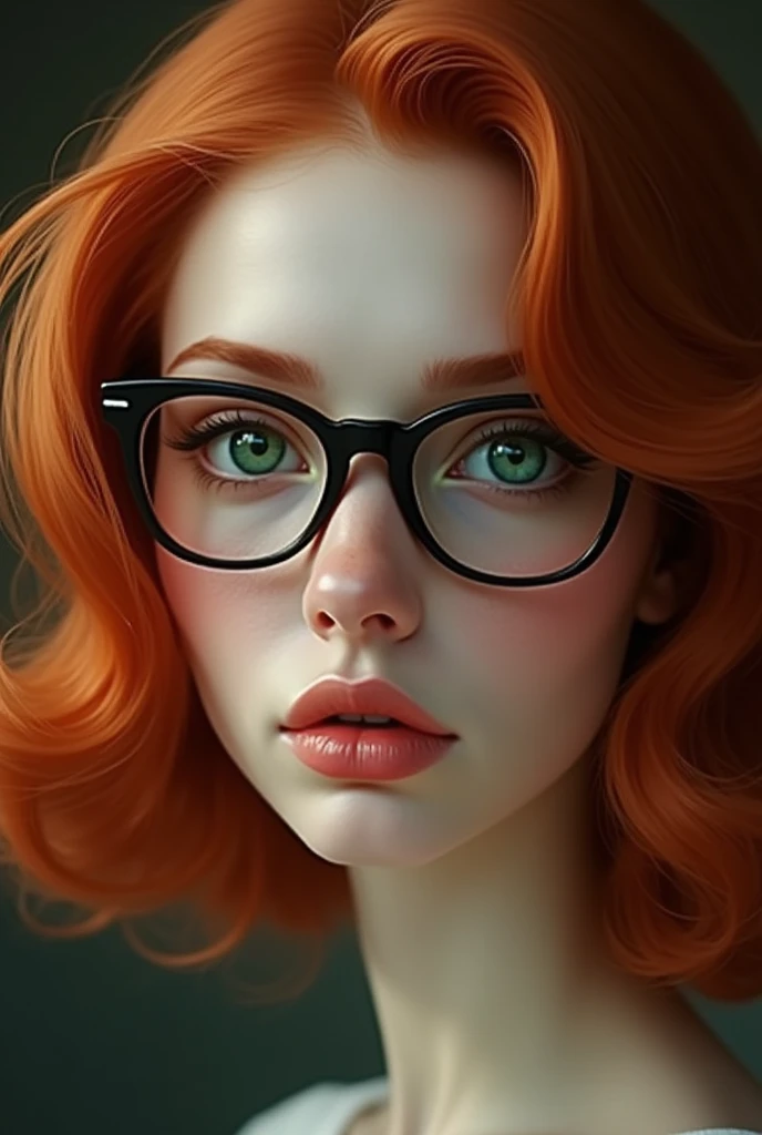 Red-haired woman with emerald green eyes, a pert nose and full lips wearing glasses. 