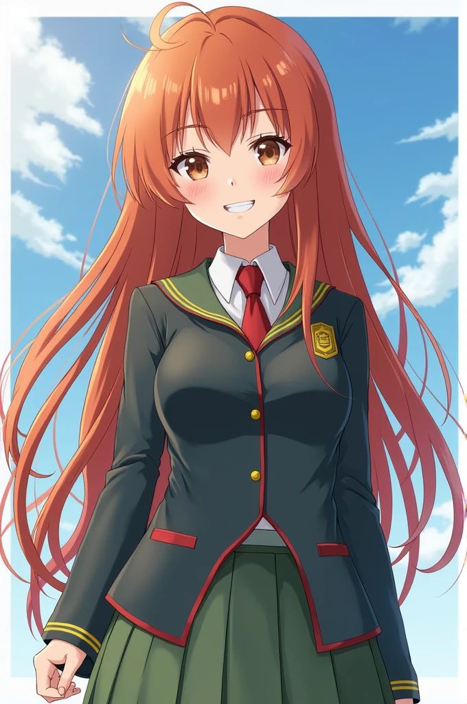 Boku no hero anime character,girl with long copper hair,white,with small waist,somewhat thick thighs,almond-shaped but somewhat large eyes, nice toothy smile, slim hands,parts, with U uniform.A