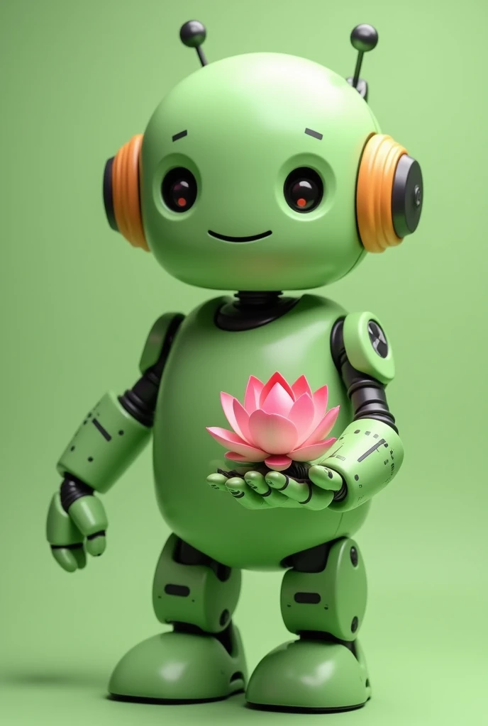 Light green chubby friendly robot with a lotus flower in the palm of its hand
