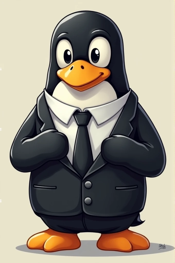I want a mix of Tux with Boss. A cute image of Tux wearing the Babys outfit adjusting his tie. A cute tux image is the Linux penguin. I want you to use the exact Linux logo image and generate my request