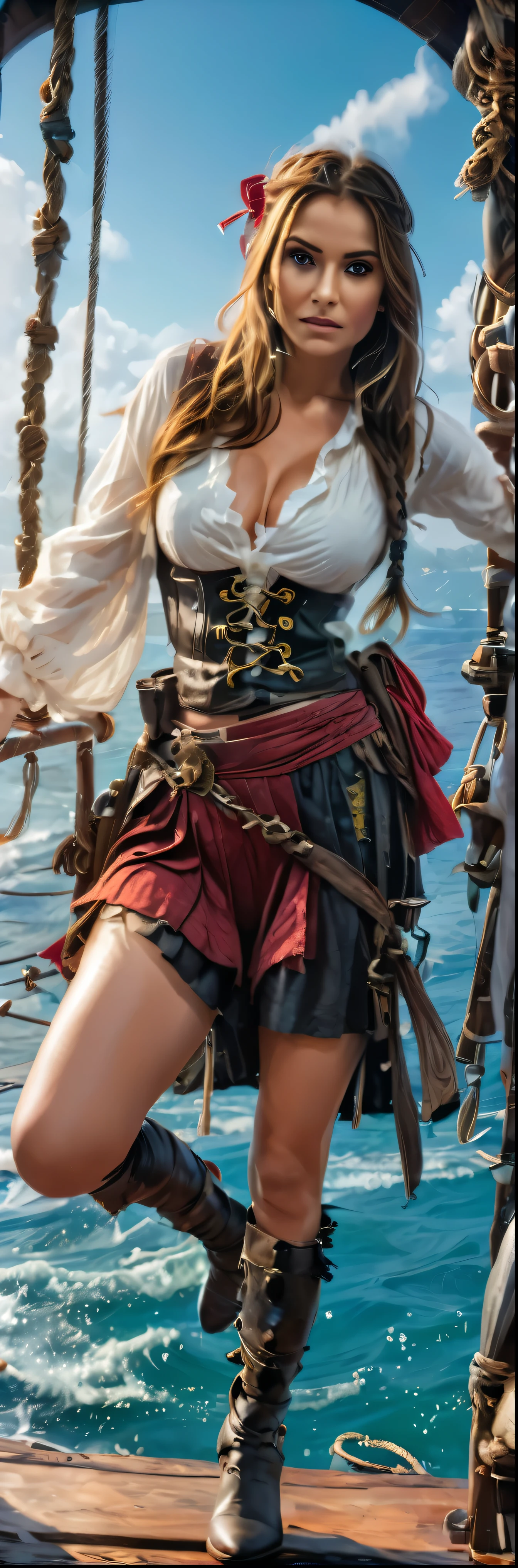 (8k, Highest quality, masterpiece)，Realistic, RAW Photos, Super Fine Clear, Impressionist painting, Pirates_of_the_Caribbean:1.5, Sexy female pirate, huge bouncing busts, A big uproar, Fight enemies on the deck of a burning pirate ship, Pirate Combat, Deadly Combat, Fierce Battle, Heat, Blood splatter, Vibrant