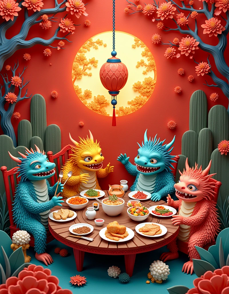 Masterpiece、(Mandelbrot Shapes);1.9、(Three-dimensional paper cutting art、colourfull):1.9 a papercut of a table full of chinese food with oriental monsters and fairies sitting around the table