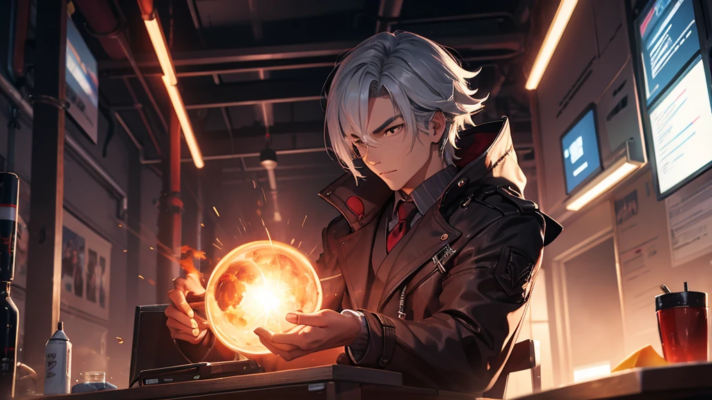Man in overcoat working on a technology table with red energy coming out of it. He should look like the character Alerchinno from Genshin Impact.