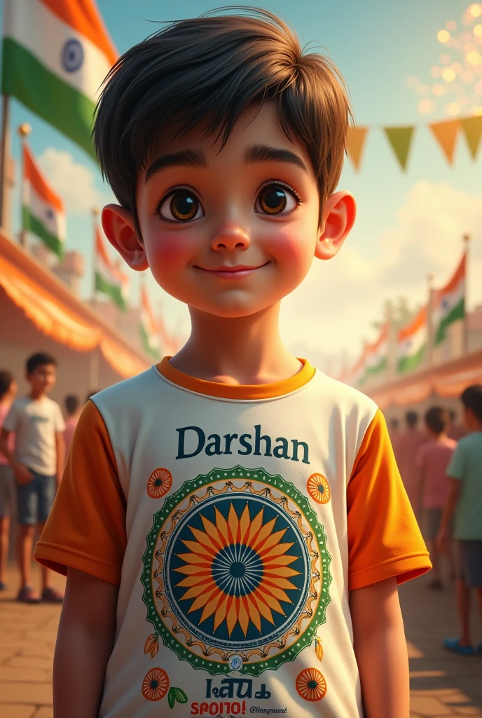 Write the name of darshan with a  boy who is wear independence day t shirt with background