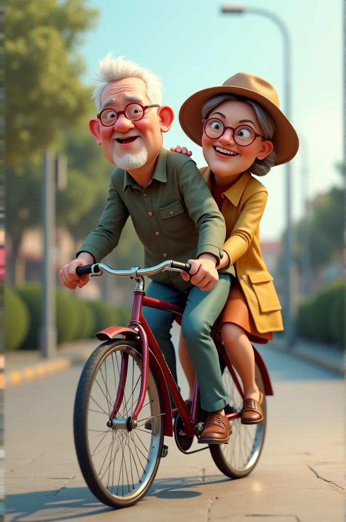 Funny hyper realistic 3D caricature, grandfather and grandmother riding a bycicle humor