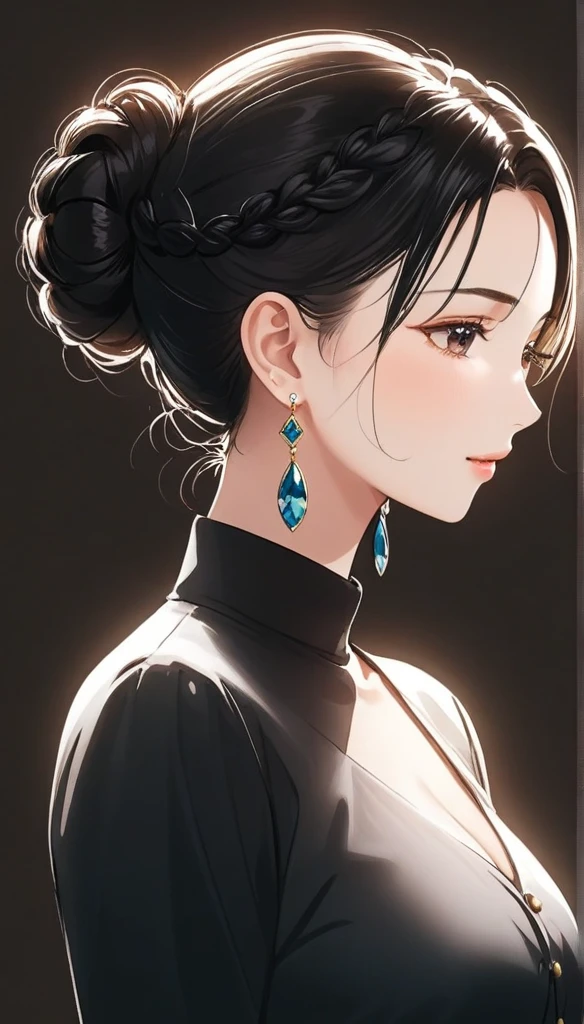 (1woman, mature, hair braid bun ,mini top,  long teardrop earrings , detailed alluring 