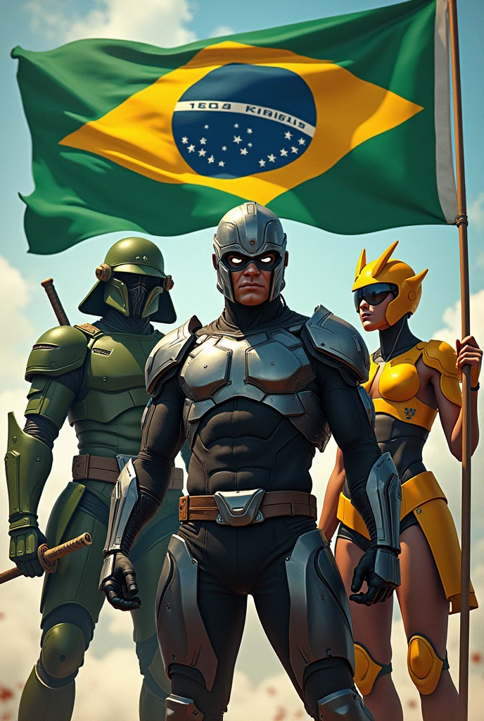 Make the black Power Ranger with the acronym XBR on the chest and the Brazilian flag in the realistic background