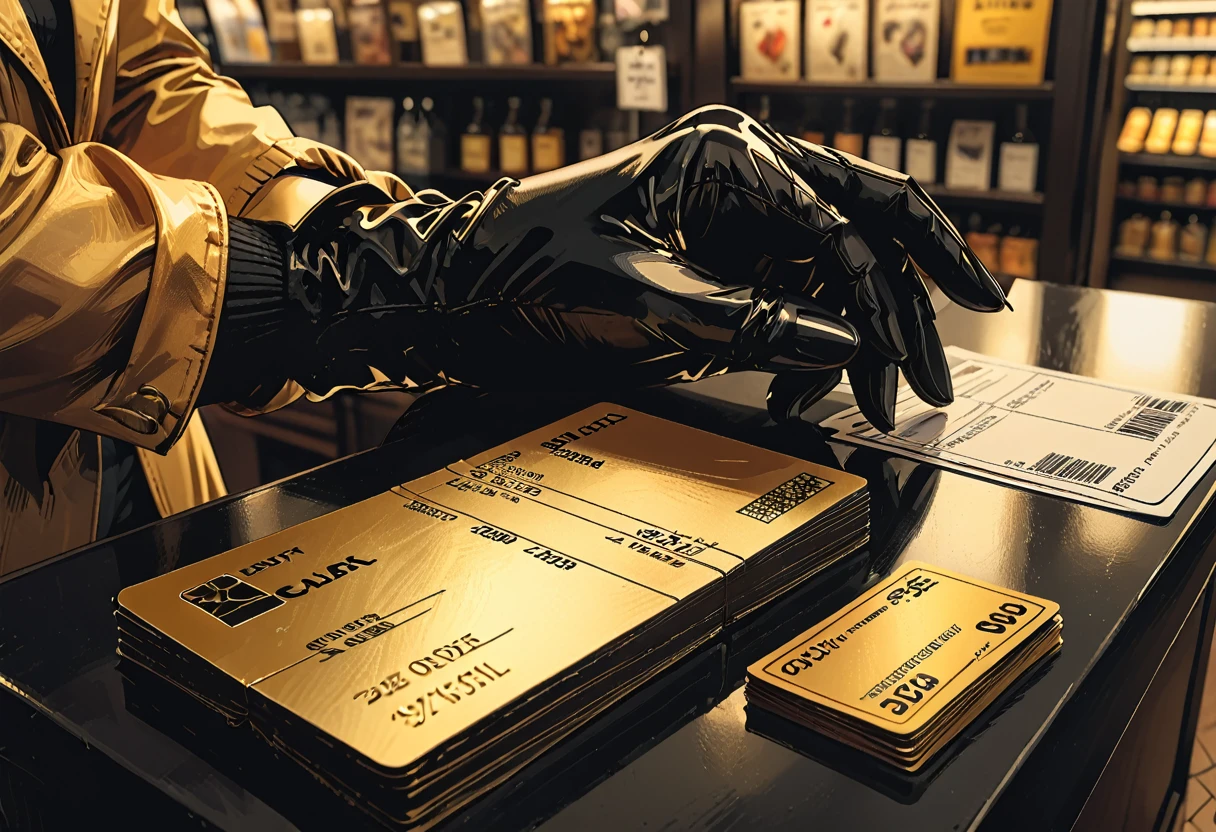 (only hand and card), gold credit card closeup in a black glove in a woman's hand, receipt, counter in a clothing store, macro, close-up, graphic style of novel comics, 2d, 8k, hyperrealism, masterpiece, high resolution, best quality, ultra-detailed, super realistic, Hyperrealistic art, high-quality, ultra high res, highest detailed, lot of details, Extremely high-resolution details, incredibly lifelike, colourful, soft cinematic light,