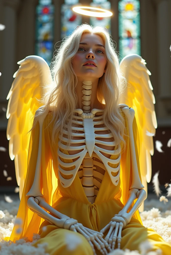 (best quality), (masterpiece), (Extremely detailed beauty:1.2),
1 girl, (skeleton chest:1.15), (skull:1.4), (skeleton:1.2), (rib cage:1.4), (backbone:1.3), (open rib cage:1.4), (White and yellow feather wings), (White with yellow bones:1.4), (whole body), (sit)
Detailed beautiful face, Cute face, (Long hair), (Halo on the head:1.2), (Smile), (Over the knee boots)
(white church:1.2), (Church and stained glass windows), Saint (Floating feathers:1.2) Descending from the sky, (many holy white skeleton on ground:1.25)