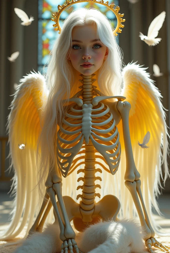 (best quality), (masterpiece), (Extremely detailed beauty:1.2),
1 girl, (skeleton chest:1.15), (skull:1.4), (skeleton:1.2), (rib cage:1.4), (backbone:1.3), (open rib cage:1.4), (White and yellow feather wings), (White with yellow bones:1.4), (whole body), (sit)
Detailed beautiful face, Cute face, (Long hair), (Halo on the head:1.2), (Smile), (Over the knee boots)
(white church:1.2), (Church and stained glass windows), Saint (Floating feathers:1.2) Descending from the sky, (many holy white skeleton on ground:1.25)