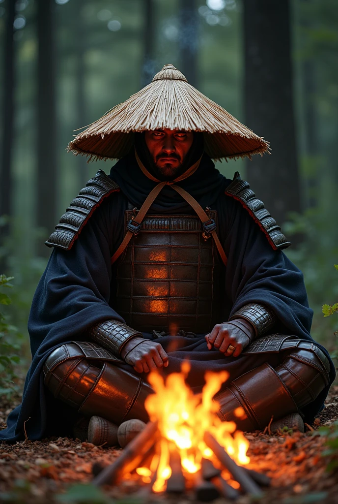 a samurai wears traditional samurai armor. His face is partially hidden by the straw hat character sheet (kasa). sitting around a campfire, in a dense forest