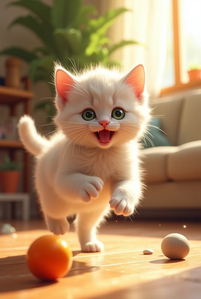 A playful kitten with bright green eyes and soft fur, pouncing on a colorful toy in a cozy living room. Sunlight filters through a window, casting a warm glow on the scene. The room has a comfy couch, a few cat toys scattered around, and a potted plant in the corner."