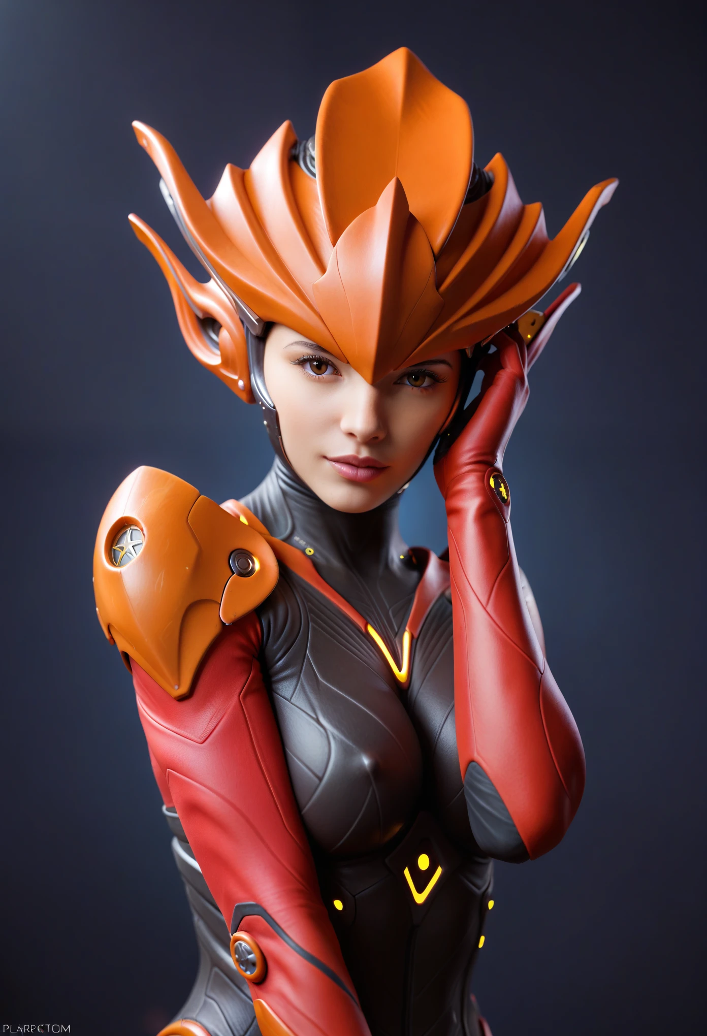 score_9, score_8_up, score_7_up, Wear white and red mechanical clothing, Wonders of the machine, cyber, Cybernetic Guardian, Futuristic Armor, whole body, Front pose, Symmetric, Complex (Steel Metal [rust]), joint, Warframe style, cyborg, Female body armor, (Best Quality, 4K, 8K, High Definition, Masterpiece:1.2), (Ultra Detailed, Realistic, Photorealistic:1.37), detailed fractal patterned skin, cute lips, Bioluminescence, dark aura
