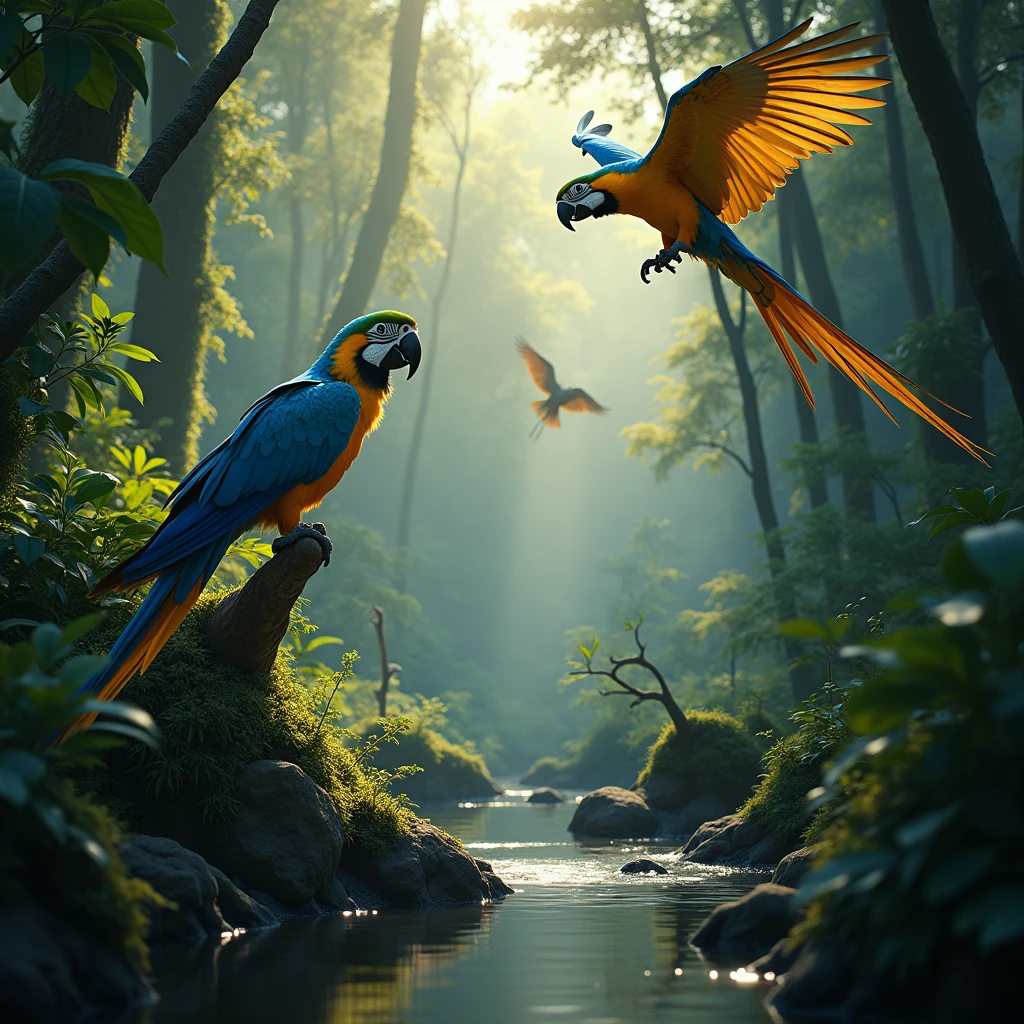 best qualityer, master part, ultra-high resolution, (photography realistic:1.4), Surrealism, dream-like,fusionart, forest magic, Controlled by fauna and flora, stealth, shadow step, A pair of macaws fly over the scene