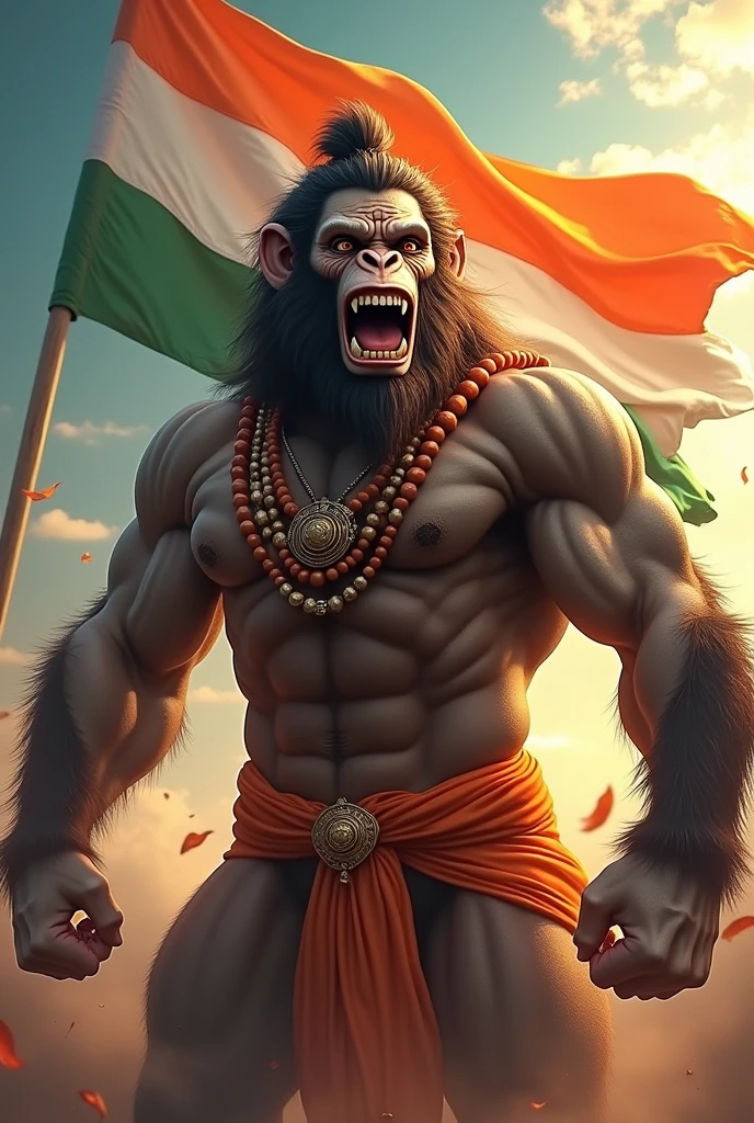 Create an image of Lord Hanuman mix monkey face. In a powerful and dynamic pose. Behind Him, there should be an Indian flag waving proudly. The background should be filled with vibrant colors, symbolizing strength and devotion. Ensure the flag is clearly visible and adds to the overall energy and patriotism of the image,