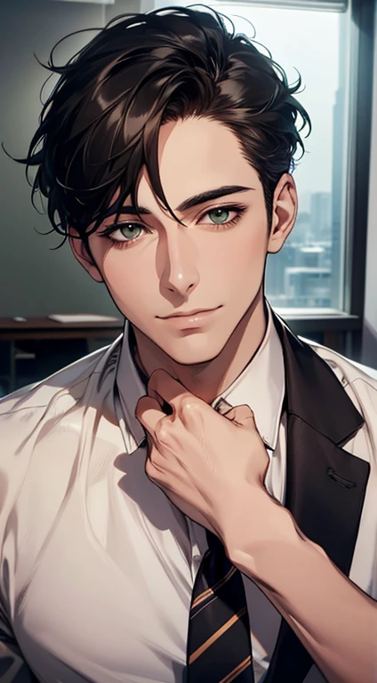 (Highest quality,4K,8K,High resolution,masterpiece:1.2),Super detailed,(Realistic,photoRealistic,photo-Realistic:1.37),1 person,34 years old,Mature Men,Beautiful skin、very handsome,Expressionless smile in love,Short black hair,green eyes,Sharp Eyes,A perfect face without a doubt,Businessman, CEO, Office Background,Cinema Lighting,HDR image,tie、