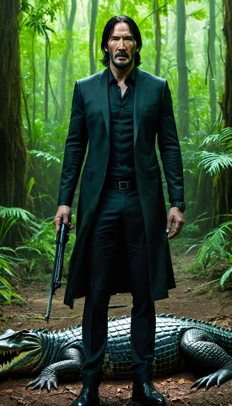 john wick in the forest with a crocodile in his hand dead