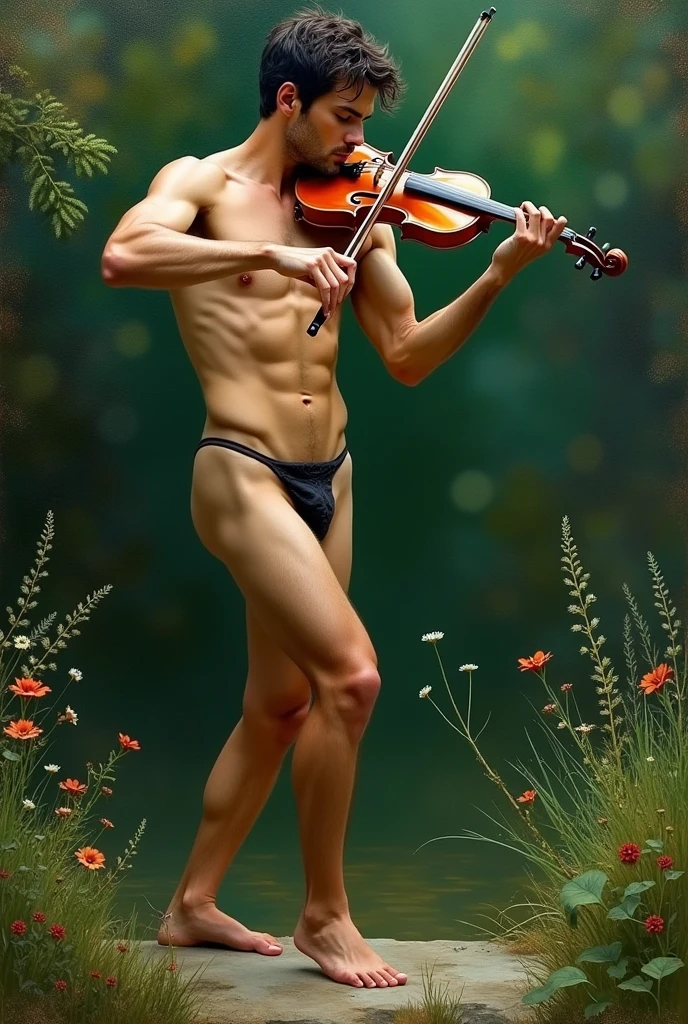 Oil painting In paul_chabas+roberto_ferri art style

(1 super sexy naked man standing playing a chrome green violin in the garden, shirtless, pantless, barefoot, looking at the camara)

In a super sexy seductive photoshot in the garden 

The male model is standing on a rock playing the violing (the most seductive, pasionate, lusty, energy, pasion gaze, ever seen) 

Intense vibrant dark colors palette  
becoming the subject composition,
8k resolution, full body,

A 20 years old. full body, male model. handsome, splendid naked, thin and ripped body, detailed realistic muscles black hair, green eyes, male gaze. handsome. bodybuilder romanticism, symbols and metaphors. 

((images that reflect the strength and masculinity of male models, seductive, sensual, sexy, lusty))
(homoerotism_fullbody_nsfw_seductive)
Beautiful details, quirky, distinctive images, stylistically diverse painting, Intricate detailsfull body, 