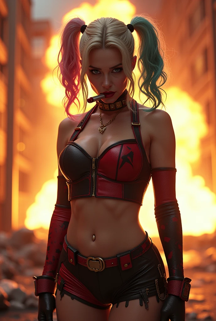 Harley Quinn in the Birds of Prey movie outfit looking seriously at the camera biting a detonator with an explosion behind it