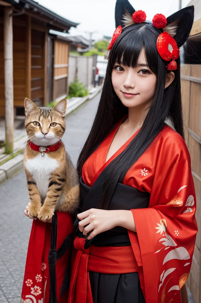 girl wearing a black and red costume holding a fan and a cat mask, with kitsune mask, wearing a kitsune mask, kitsune mask on head, kitsune mask, japaneese, anime cosplay, kitsune, yukata clothing a beautiful kitsune woman
