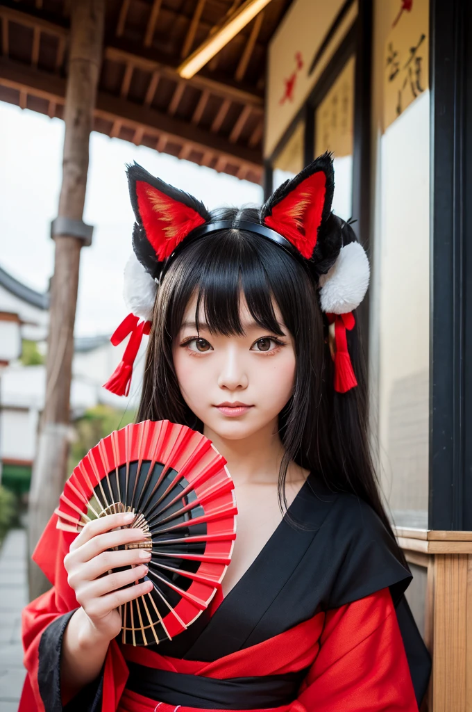 girl wearing a black and red costume holding a fan and a cat mask, with kitsune mask, wearing a kitsune mask, kitsune mask on head, kitsune mask, japaneese, anime cosplay, kitsune, yukata clothing a beautiful kitsune woman