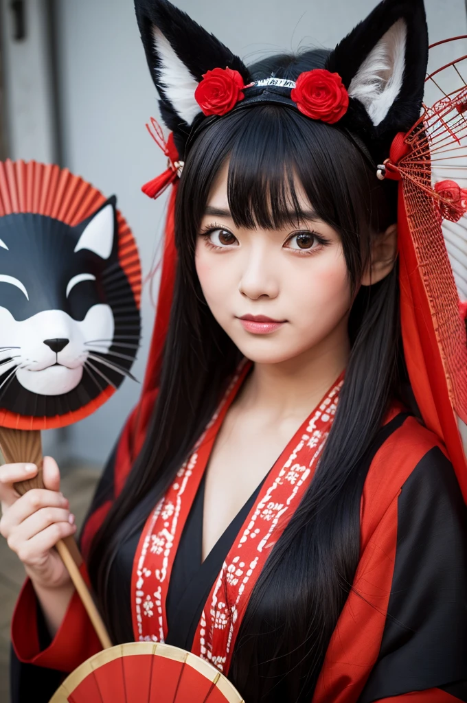 girl wearing a black and red costume holding a fan and a cat mask, with kitsune mask, wearing a kitsune mask, kitsune mask on head, kitsune mask, japaneese, anime cosplay, kitsune, yukata clothing a beautiful kitsune woman