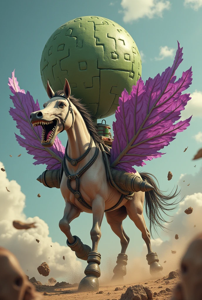 Horse with teeth out, purple lettuce wings and a nuclear bomb on its back on top of a pig with rockets for legs.