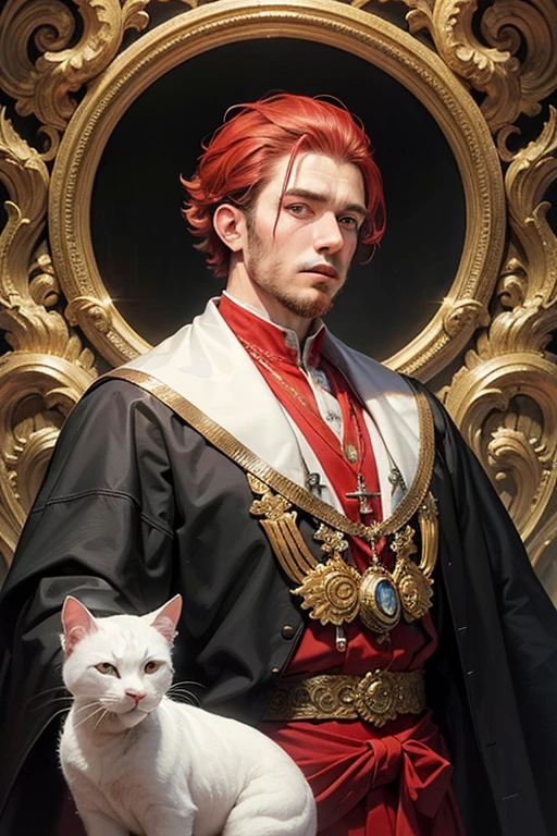 (masterpiece, top quality, best quality, official art, handsome and aesthetic:1.2), extremely detailed, fractal art, colorful, highest detailed, zentangle, (abstract background:1.3), fidus style, (1strongman:1.5), (white cats), red hair, bright eyes, hair slicked back, short hair, black robe, upper body, detailed eyes