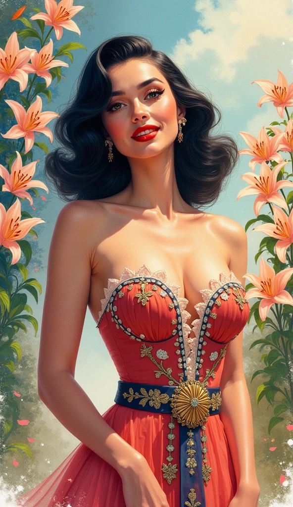 Marilyn Monroe stechu,(white background:1.4), (( Vogue fashion)), original,(illustration:1.1),(best quality),(masterpiece:1.1),(extremely detailed CG unity 8k wallpaper:1.1), (colorful:0.9),(panorama shot:1.4),(solo:1.2), (ink splashing),(color splashing),((watercolor)), clear sharp focus,{ 1girl standing },(24 years old)((Vogue fashion style )),flower background,outdoors,Lilys, looking at viewer, make happy expressions,soft smile,pure,beautyfull detailed face and eyes,beautyfull intricacy clothing decorative pattern details, black hair,black eyes,colorwater
