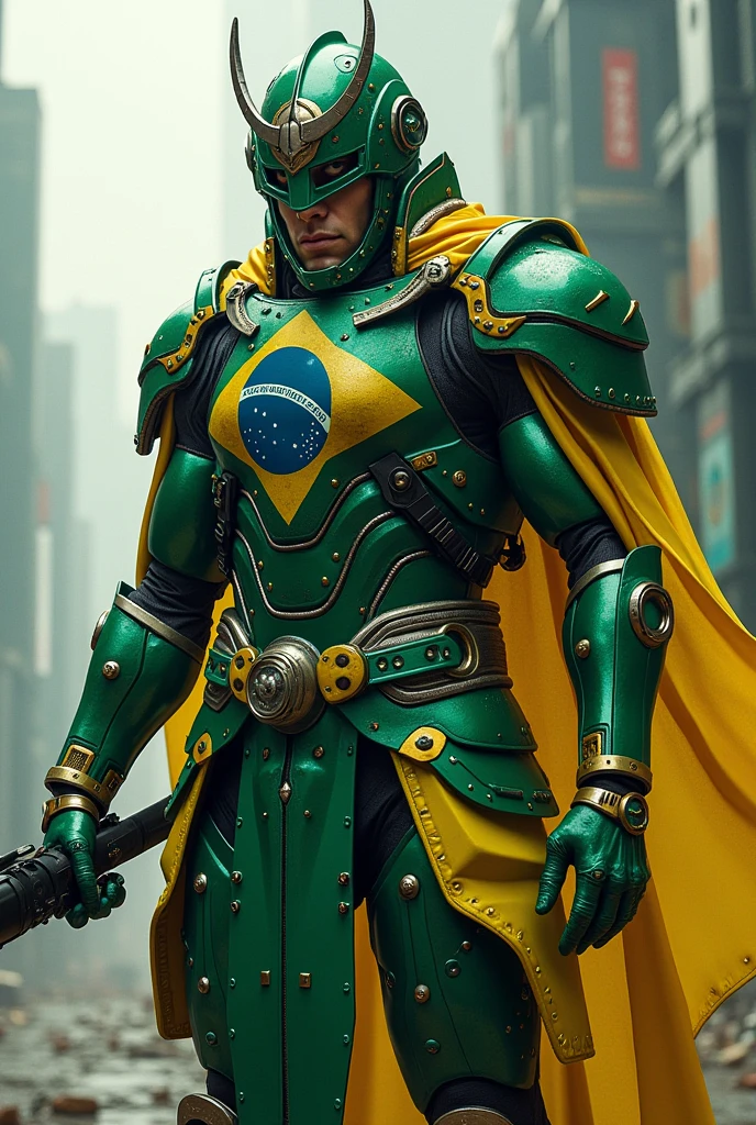 naughty man, iron-helmeted hero, technology armor of the color of Brazil,cybernetics, green samurai, Brazilian Hero, with yellow details, holding brazilian flag