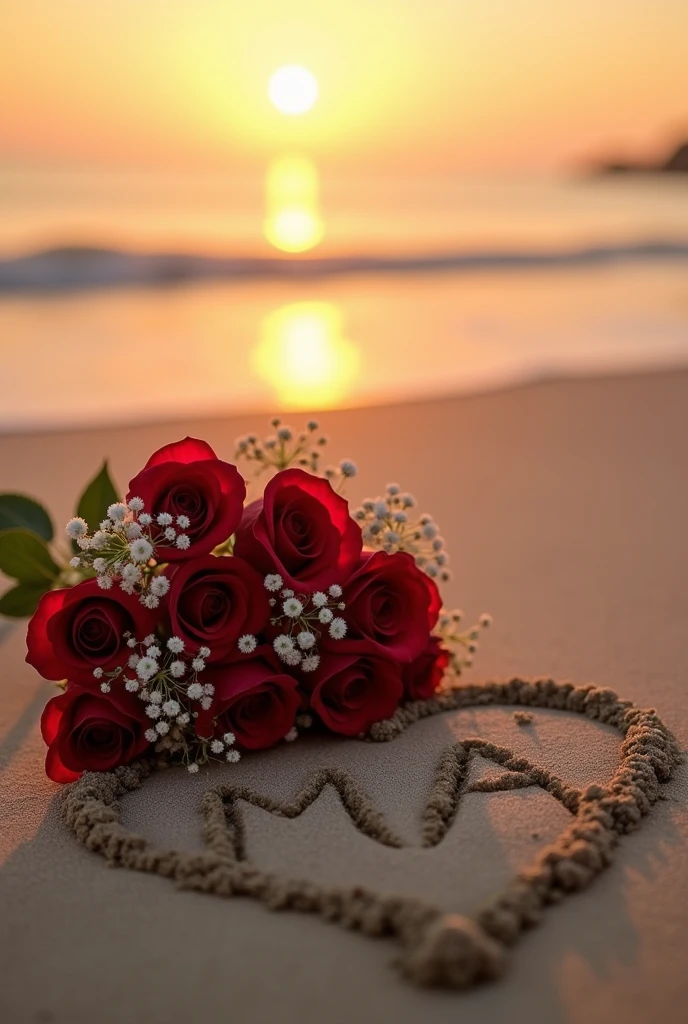 A beach in Fortaleza, Ceará, Brazil at sunset with the initials M A inside a heart made in the sand, with a bouquet of 26 red roses and some 's breath.