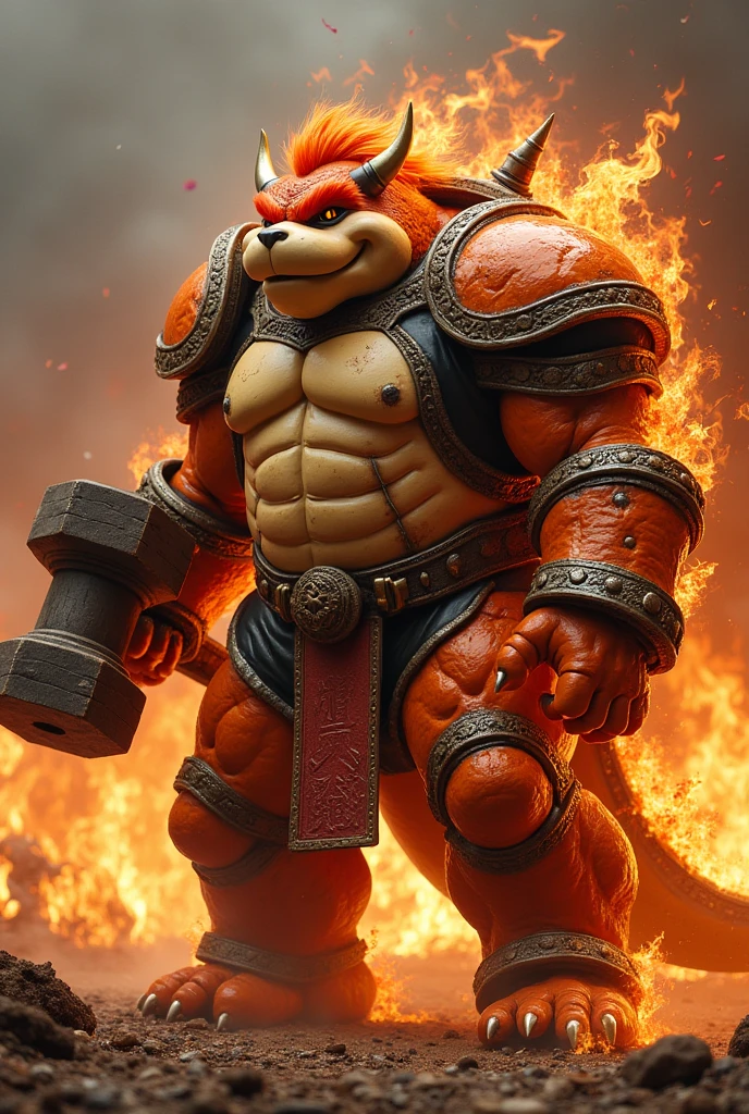 BOWSER WITH A FIRE ARMOR THAT COVERS HIS ENTIRE BODY WITH A HAMMER