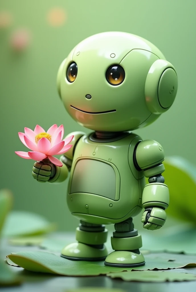 Light green chubby friendly robot with a lotus flower in the palm of its hand