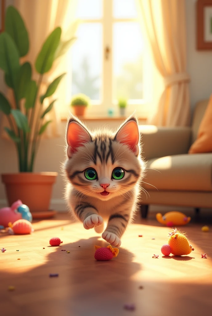 A playful kitten with bright green eyes and soft fur, pouncing on a colorful toy in a cozy living room. Sunlight filters through a window, casting a warm glow on the scene. The room has a comfy couch, a few cat toys scattered around, and a potted plant in the corner."


