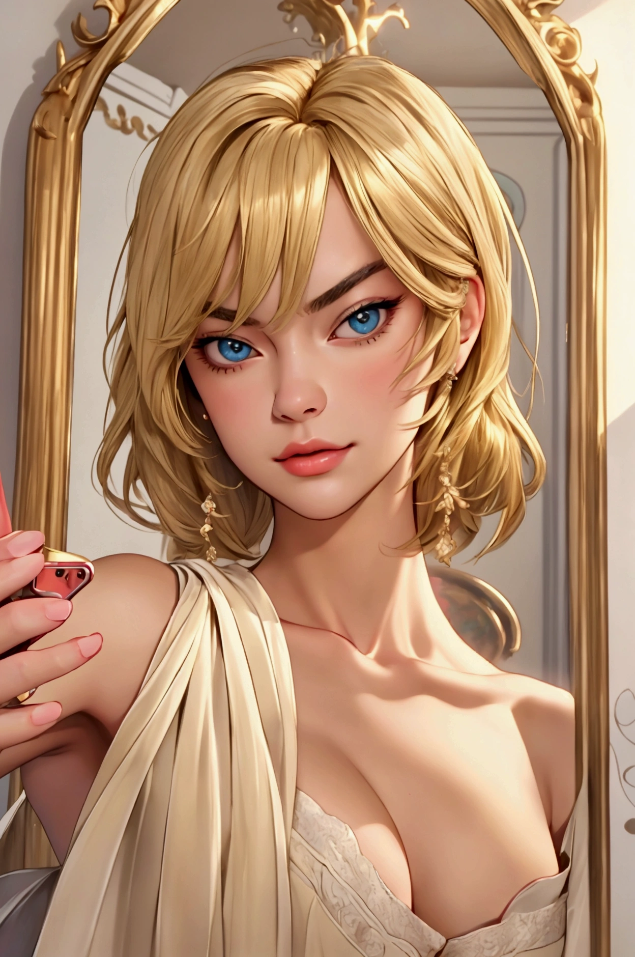 Beautiful blonde woman taking selfie in front of the mirror, limgerie sensual, ultra detailed image, picture in 8k, 4K, sharp lines, attractive colors, detailedeyes, face detailed, detailedeyes e sedutores, intriguing look, estilo Artline Yvonne Strahovski Cartoon, nsfw.