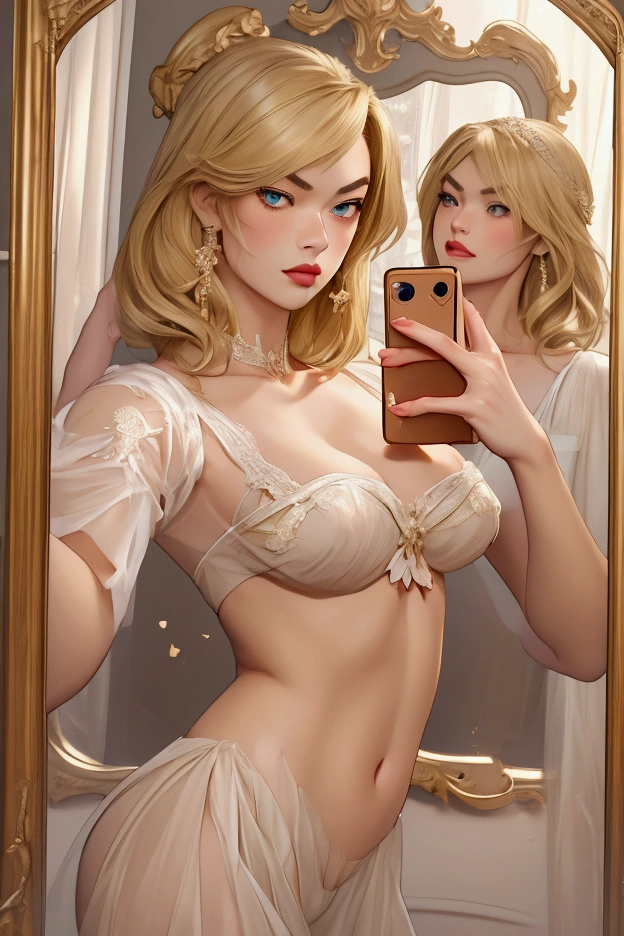 Beautiful blonde woman taking selfie in front of the mirror, limgerie sensual, ultra detailed image, picture in 8k, 4K, sharp lines, attractive colors, detailedeyes, face detailed, detailedeyes e sedutores, intriguing look, estilo Artline Yvonne Strahovski Cartoon, nsfw.