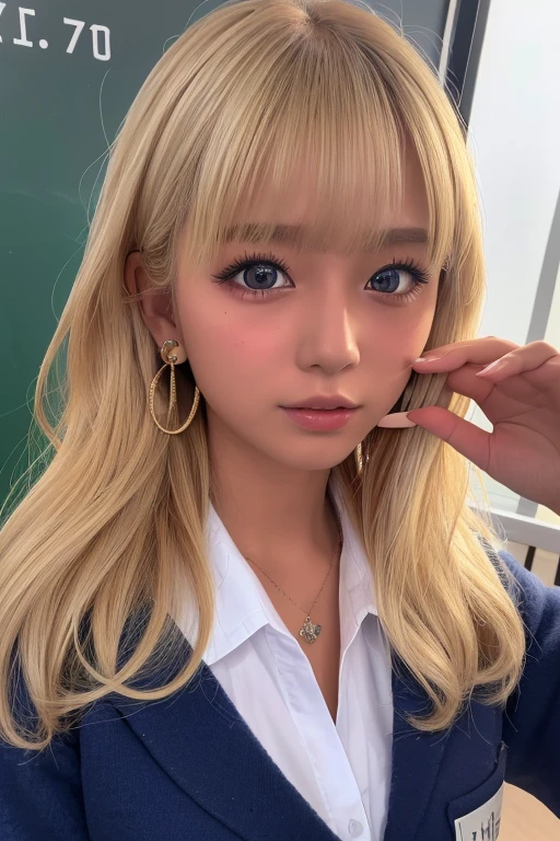 (Highest quality、4K、8k、High resolution、masterpiece:1.2)、Very detailed、(Genuine、Realistic、Realistic:1.3)、classroom、Ear piercing、Worn school uniform、((blonde))、high school girl、