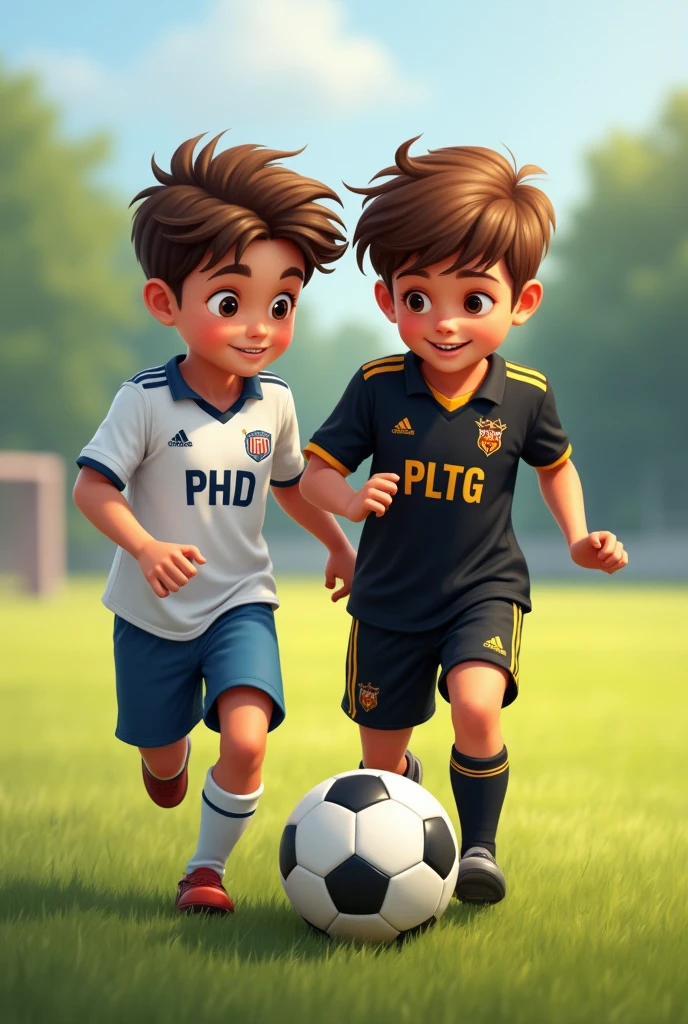 Two boys playing football,
One boy with the name "PHD" on its white sports shirt
The other boy is wearing a black sport shirt with the name "PLTG" on it