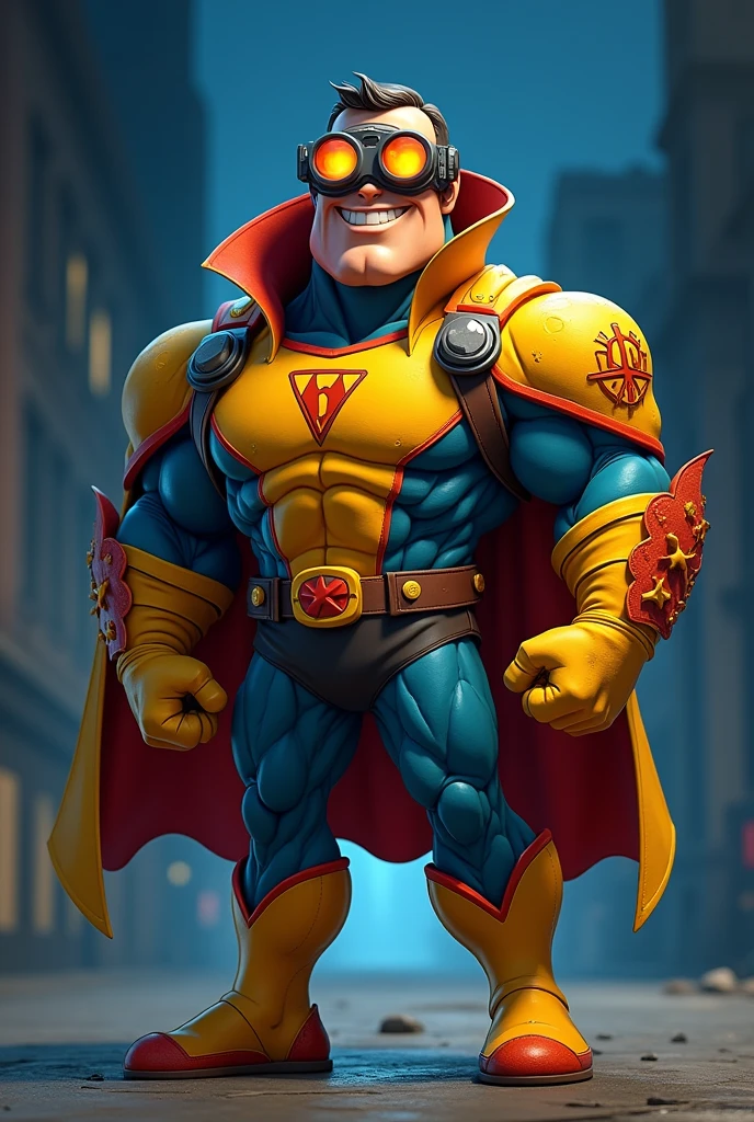 Rubber man with a colorful homemade hero costume and night vision goggles, Smiling
Generate the image with 2D animation in the style of What If and Invincible