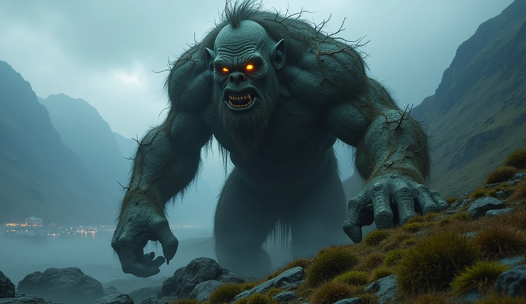 ancient troll towering over a dark, misty Norwegian landscape. The troll has a rough, stone-like texture with moss and roots growing on its body, emphasizing its connection to nature. Its glowing, angry eyes are fixed on the viewer, creating an intense and ominous atmosphere. In the background, you can see the Dovre Mountains, partially obscured by fog, with a faint view of a modern city (Oslo) in the distance, hinting at the troll's journey towards civilization.